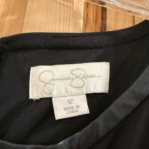 Elegant Timeless Minimalist Closet Staple Black Dress with Faux Leather Trim - Picture 4 of 13